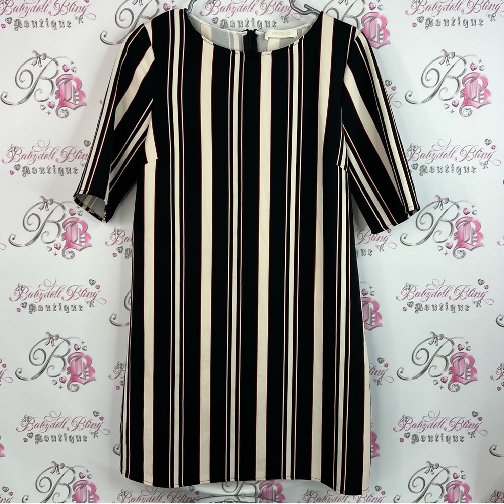 Vicolo Italy dress stripes black red cream white long sleevStylish Striped Dress